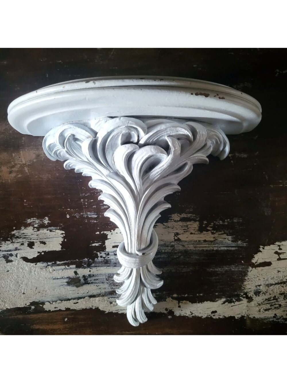 Vtg Syroco Wood Wall Sconce Shelf Ornate Carved Leaf Design White Finish 8.25"
